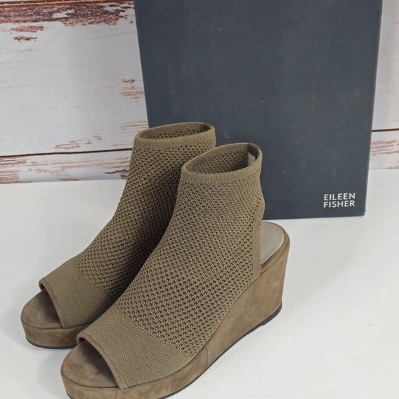 Eileen Fisher Warrick Brown Stretch Fly Knit Platform Wedge Sandals Size 8.5 - Picture 1 of 7